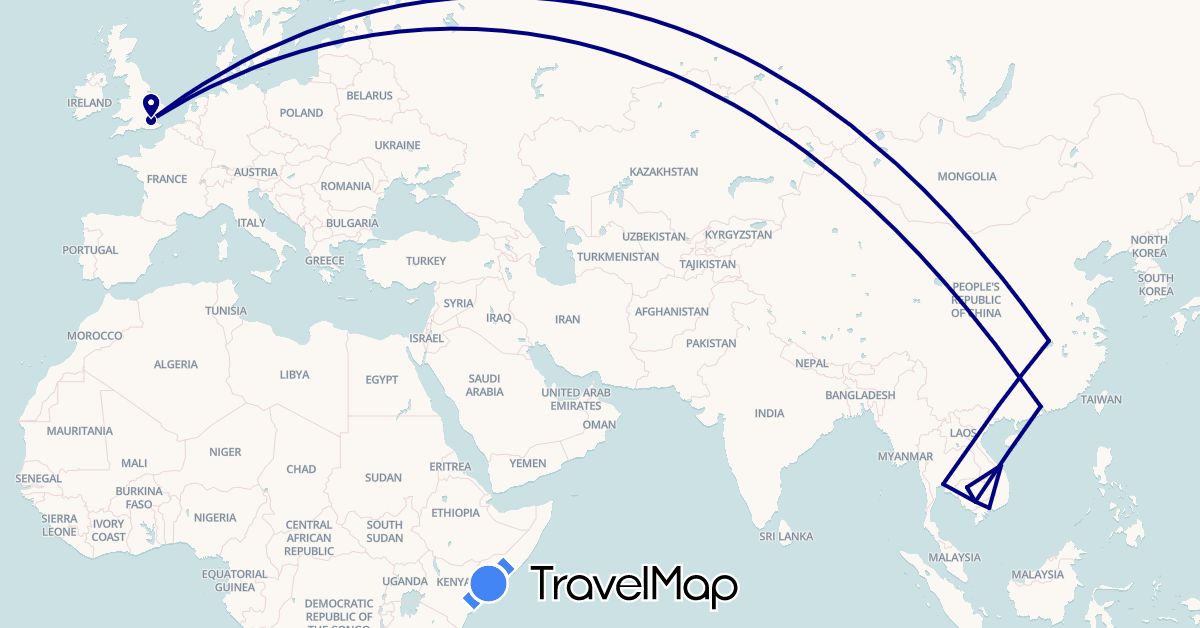 TravelMap itinerary: driving in China, United Kingdom, Cambodia, Thailand, Vietnam (Asia, Europe)